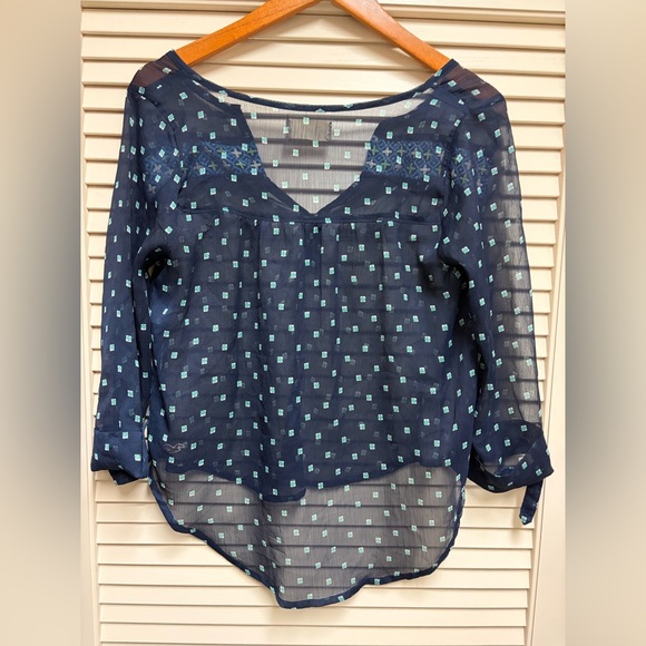 Hollister Navy Sheer Boho Embroidered Blouse Women’s Small Long Sleeve Top - Picture 2 of 16